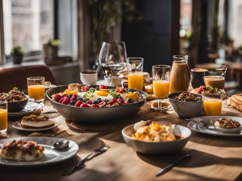 A well-lit breakfast spread with a variety of dishes and beverages on a wooden table.