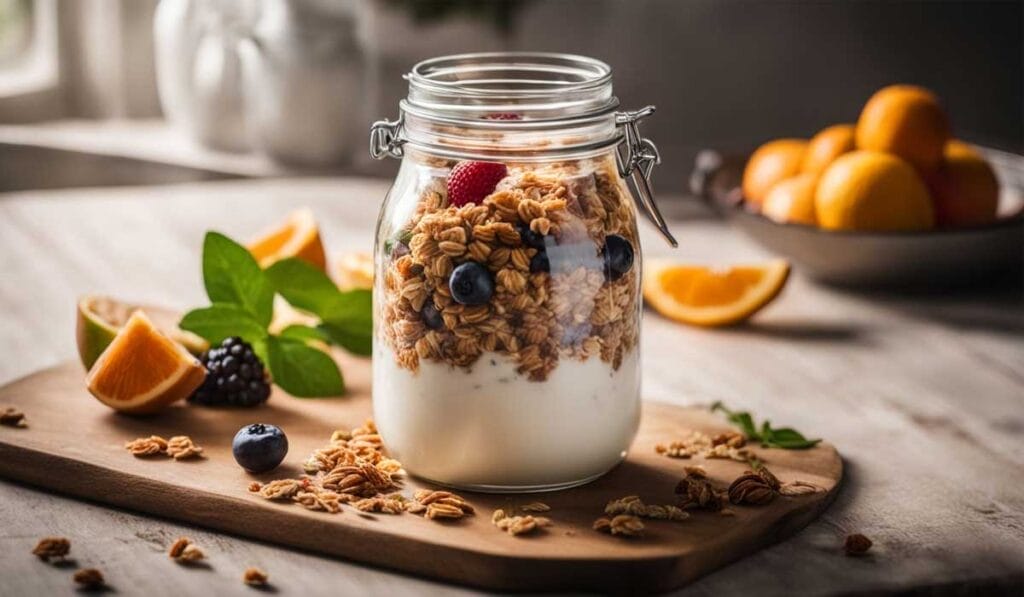 A jar of layered yogurt parfait with granola, blueberries, and a strawberry on a wooden table, with oranges in the background.