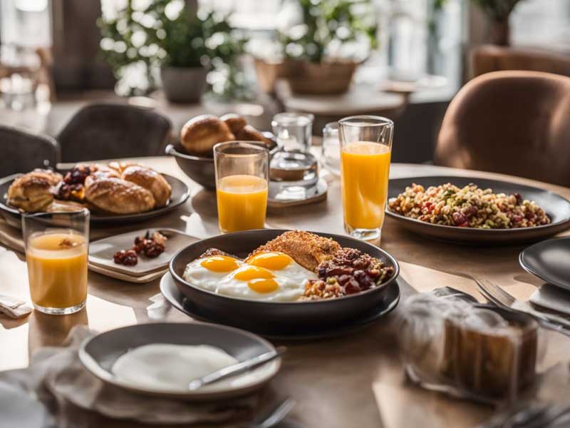 A well-laid breakfast table with plates of eggs, beans, pancakes, and fresh juice under warm lighting.