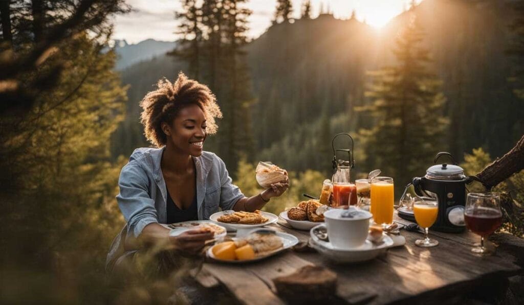 Woman enjoying an outdoor breakfast in a forest at sunrise.