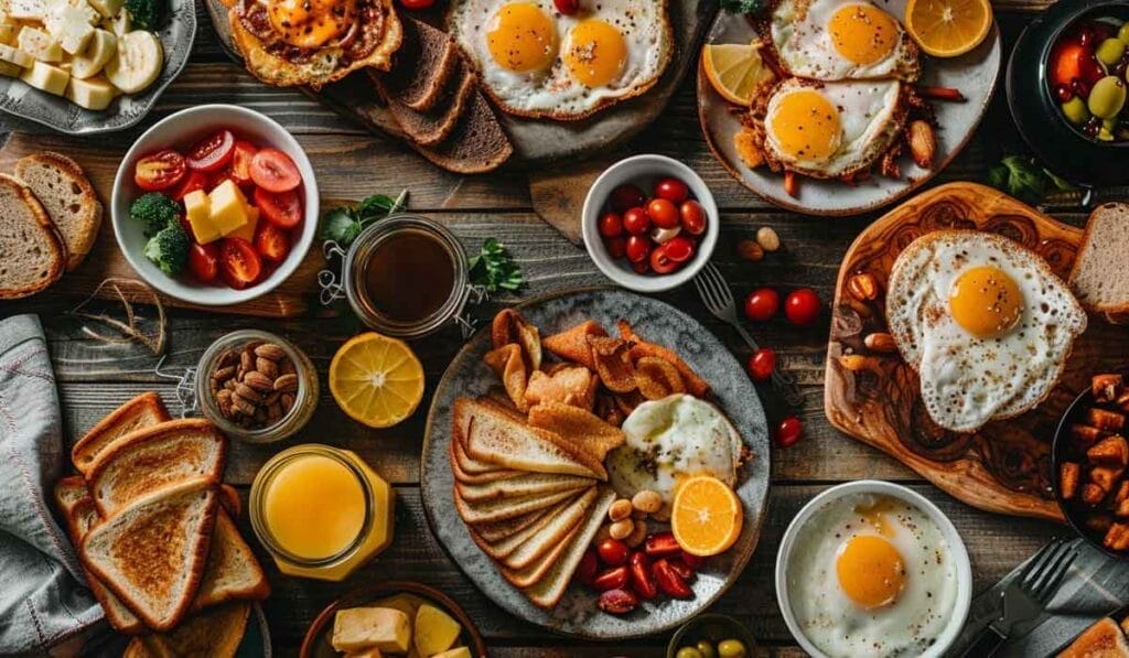 An overhead view of a wooden table filled with breakfast items, including fried eggs, toast, fruit, vegetables, nuts, juice, and coffee.