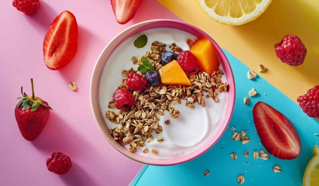 A bowl of yogurt topped with granola, raspberries, blueberries, and mango pieces, placed on a colorful background surrounded by additional berries, strawberry halves, and a lemon slice.