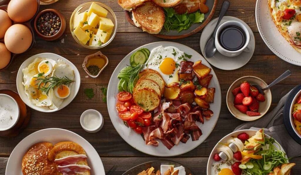 A table is set with a variety of breakfast foods, including eggs, bacon, toast, fruit, and coffee.