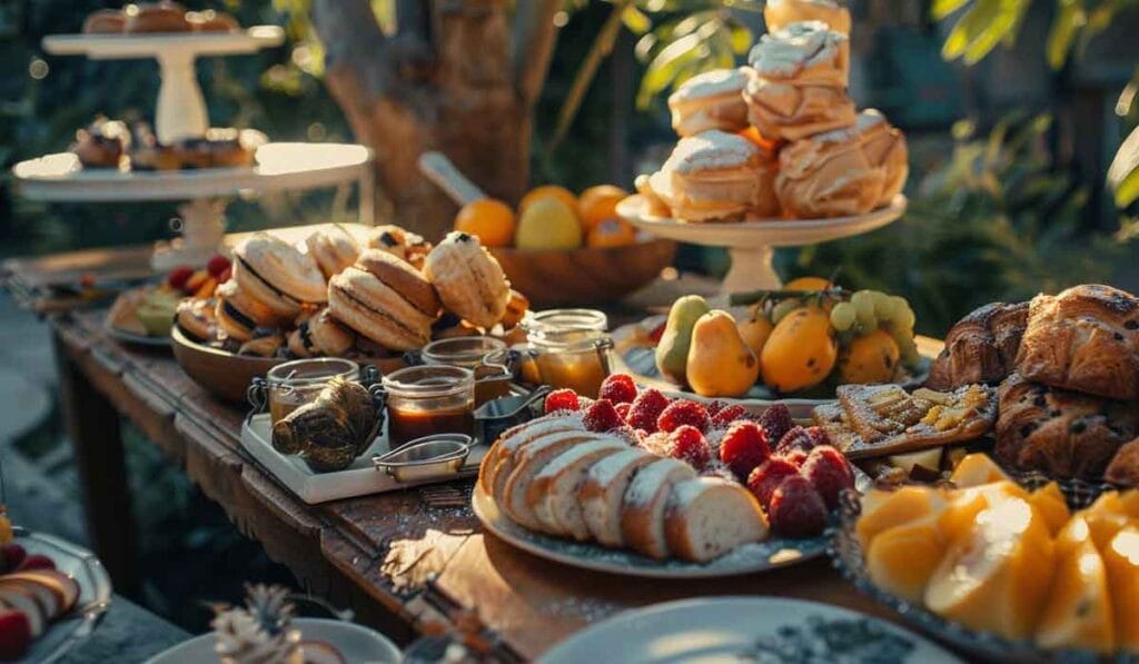 A table outdoors is filled with a variety of breakfast pastries, fruits, and spreads arranged on plates and cake stands.