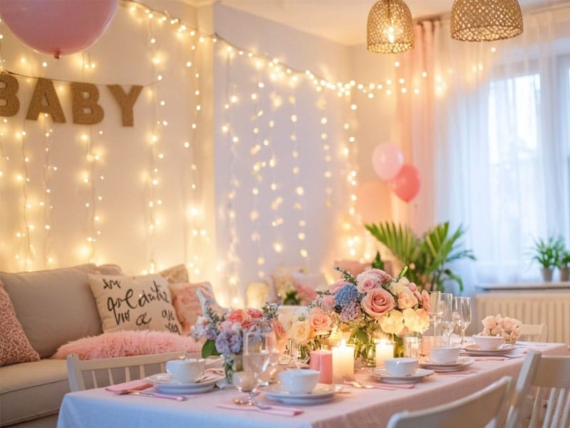 A decorated room setup for a baby shower, with pastel-colored decorations, string lights, flower arrangements, and table settings, including teacups and glasses.