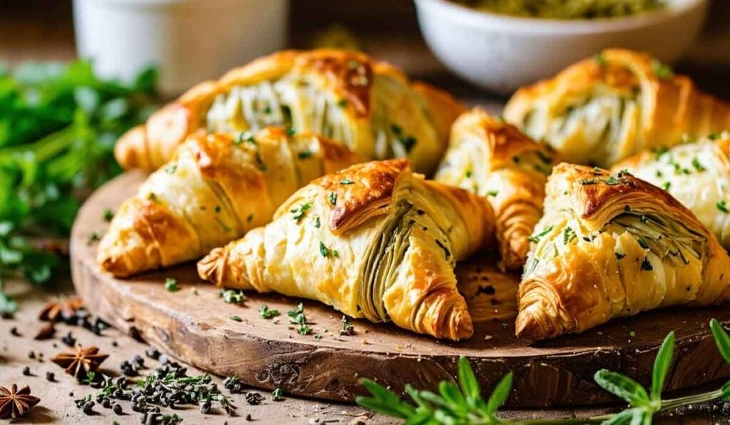 Golden brown Artichoke Crescent croissants garnished with herbs are neatly arranged on a wooden serving board, surrounded by fresh greenery and spices.