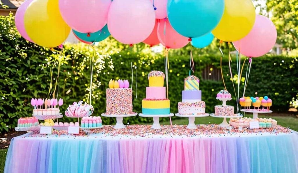 A colorful party table is decorated with balloons, pastel-hued cakes, cupcakes, and various desserts, all set on a table with a rainbow-colored tulle tablecloth, outdoors.