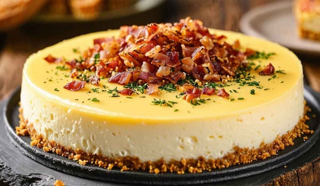 A Baby Swiss Appetizer Cheesecake with a crumb crust, topped with a generous amount of crumbled bacon and chopped herbs on a dark plate.