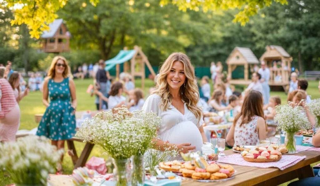 A pregnant woman stands smiling at an outdoor baby shower, surrounded by guests, flowers, and a table filled with food. A playground and trees are visible in the background.