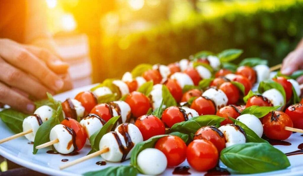 A person arranges a platter of Caprese Skewers with cherry tomatoes, mozzarella balls, and basil leaves, drizzled with balsamic glaze.