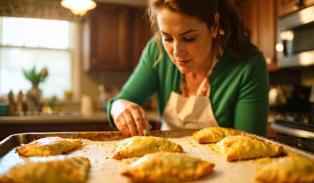 A person wearing an apron decorates freshly baked Jalapeno Popper Pocket pastries on a baking sheet in a kitchen setting.