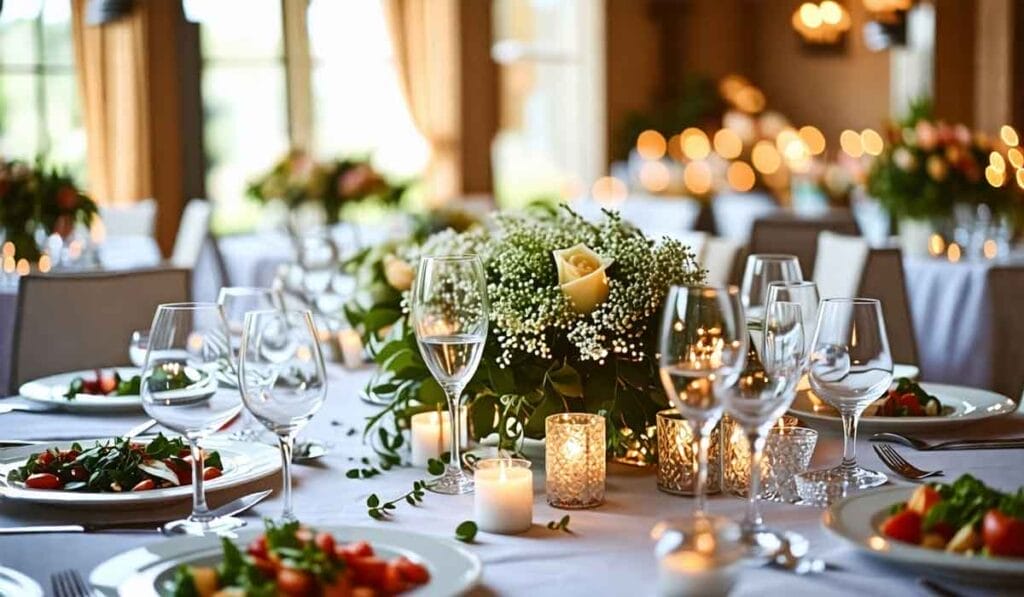 Elegant table setting with white tablecloths, floral centerpieces, candles, and neatly arranged plates with salads and wine glasses, in a softly lit banquet hall.