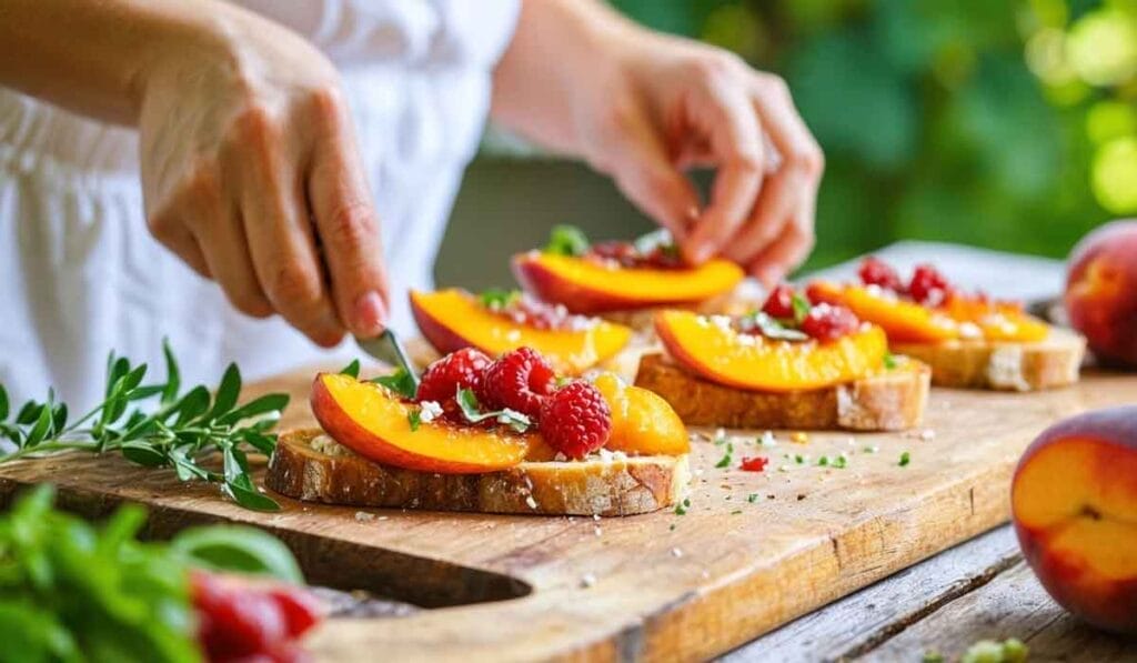 A person arranges Peach Bruschetta with slices of peaches and raspberries on bread on a wooden cutting board, with green herbs scattered nearby.