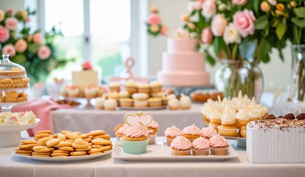 A decorated table with various desserts including cupcakes, cookies, and a pink cake, surrounded by flowers and decorative elements.