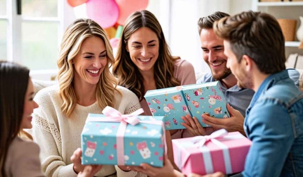 Four people are sitting together, smiling and exchanging wrapped gifts decorated with colorful patterns and ribbons.