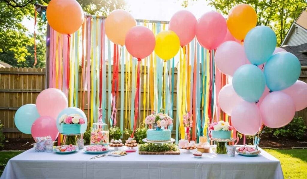 A festive outdoor party table with colorful balloons, streamers, a cake with flowers, cupcakes, and assorted treats. A wooden fence and trees are in the background.