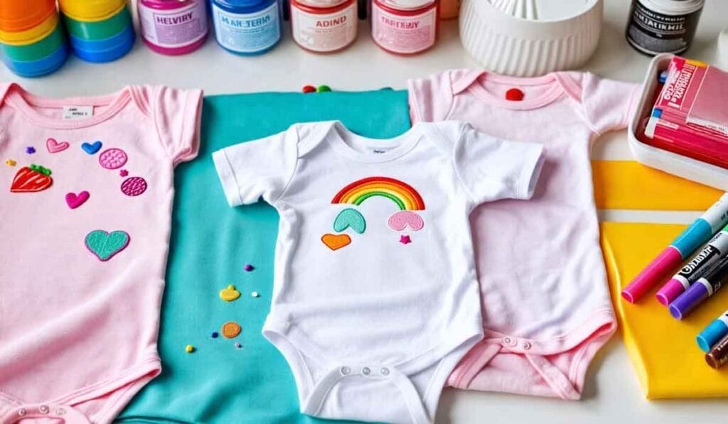 Three decorated baby onesies with colorful designs are laid out on a surface surrounded by markers, paint jars, and crafting supplies.