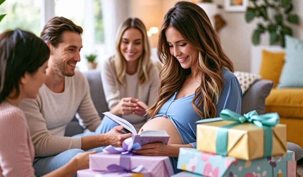 A pregnant woman sits on a couch, smiling while reading a card, surrounded by friends and gift-wrapped presents at a baby shower.