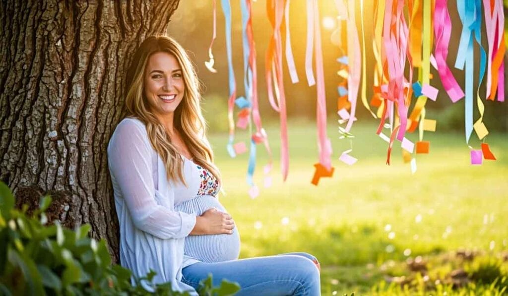 A pregnant woman sitting by a tree dressed in a white top and blue jeans, smiling, with colorful ribbons hanging in the background on a sunny day.