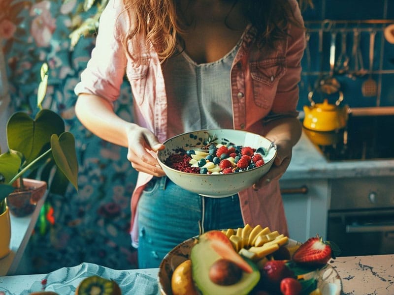 A person holds a bowl of mixed berries and yogurt, standing in a kitchen with various fruits on the counter.