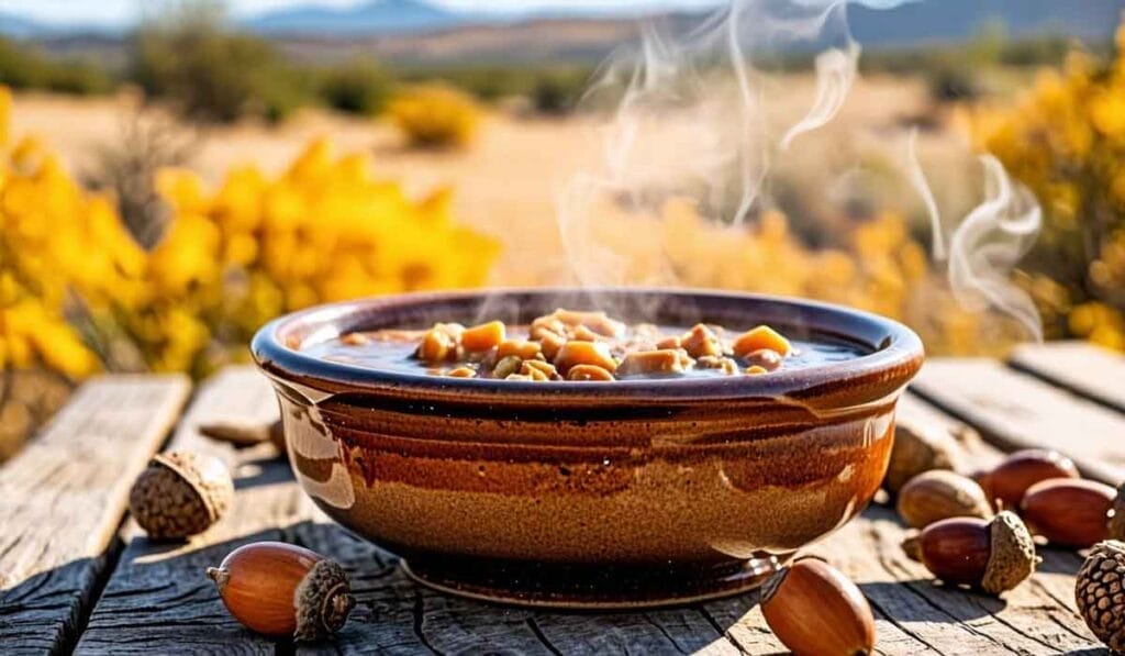 A bowl of steaming soup with acorns on a wooden table outdoors, with a landscape view featuring yellow flowers and distant mountains.