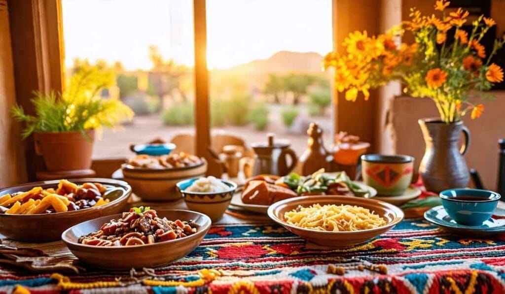 A variety of dishes and a cup of coffee arranged on a patterned tablecloth, with sunlight streaming through a window. A vase with yellow flowers is in the background.