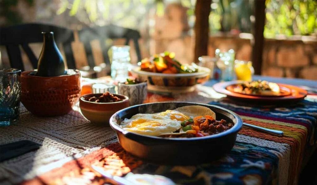 A table is set with various dishes, including a bowl with fried eggs and vegetables, surrounded by a rustic outdoor background with sunlight streaming in.