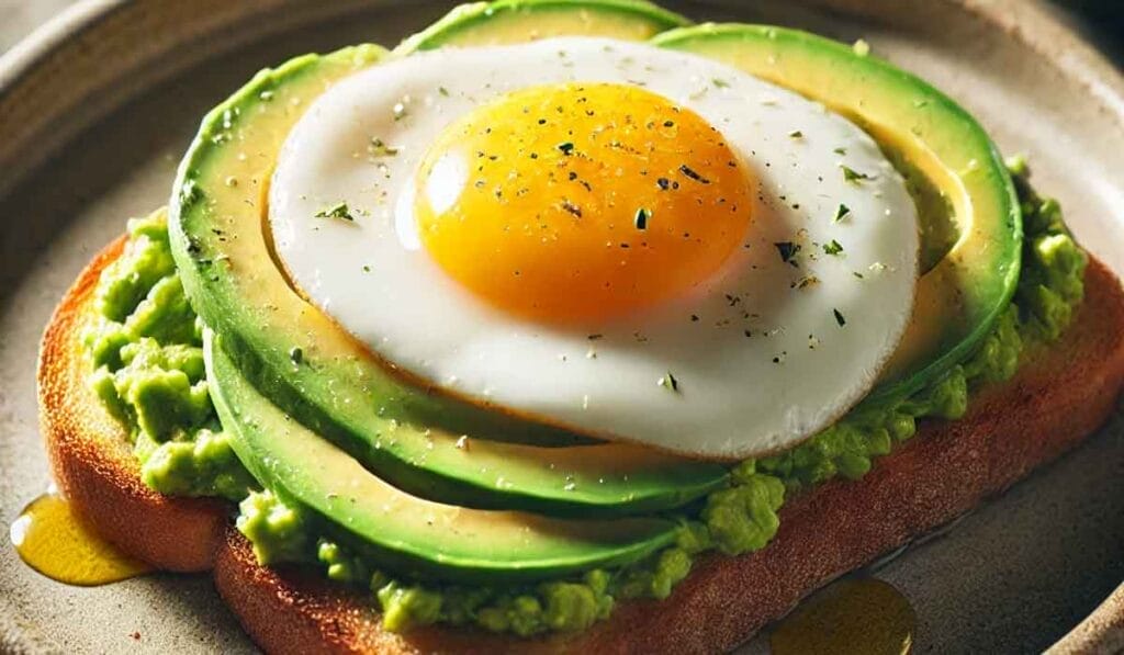 A slice of toast topped with mashed avocado, avocado slices, and a sunny-side-up egg, garnished with pepper.