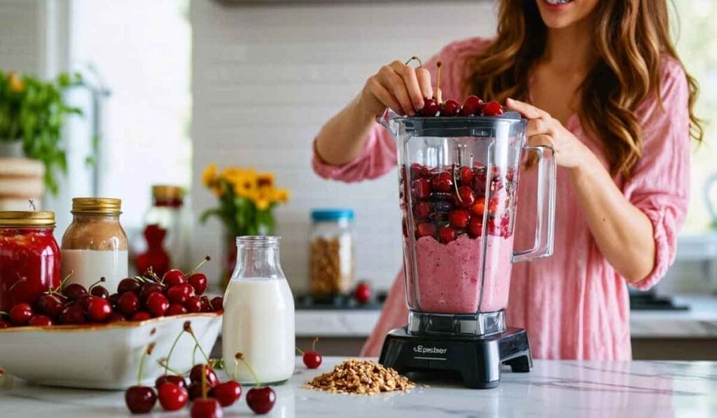 A woman in a pink top adds cherries to a blender. The counter has cherries, granola, milk, and jam jars.