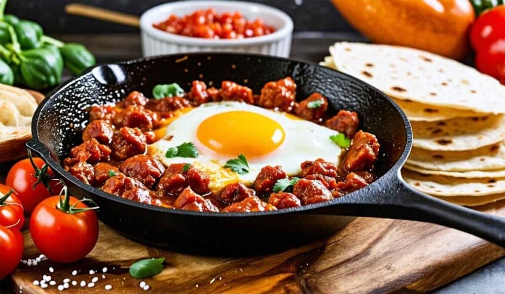 A cast iron skillet with chorizo and eggs garnished with parsley, surrounded by tomatoes, tortillas, and a bowl of salsa.