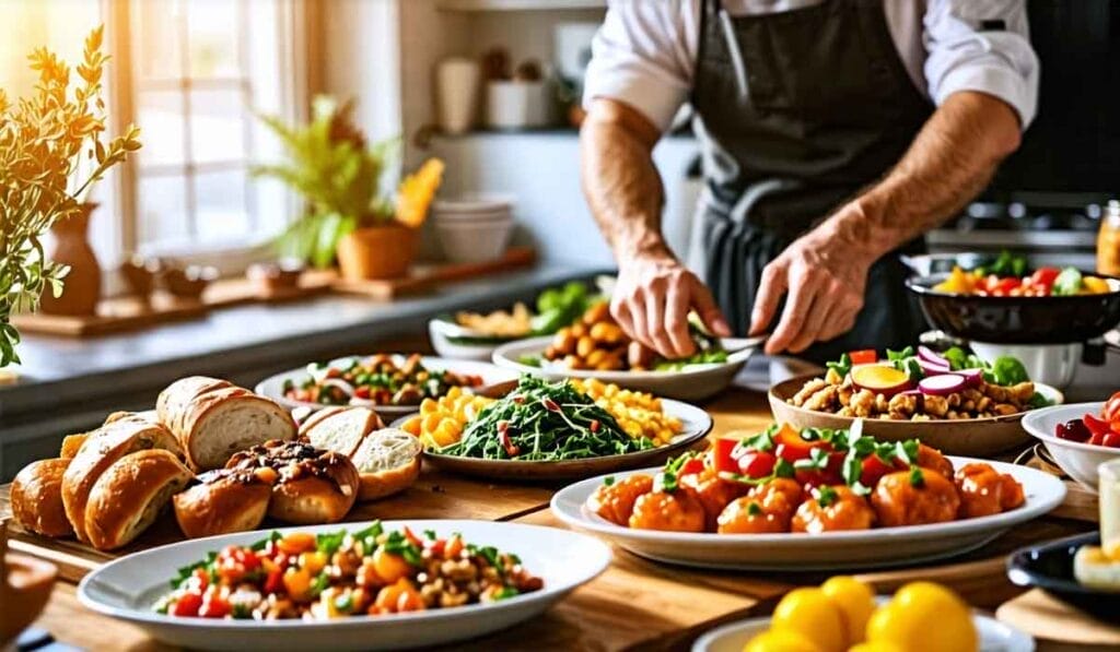 A person prepares a variety of dishes in a kitchen, including salads, bread, and plated meals, with fresh herbs and vegetables evident. Sunlight filters through a window, illuminating the scene.