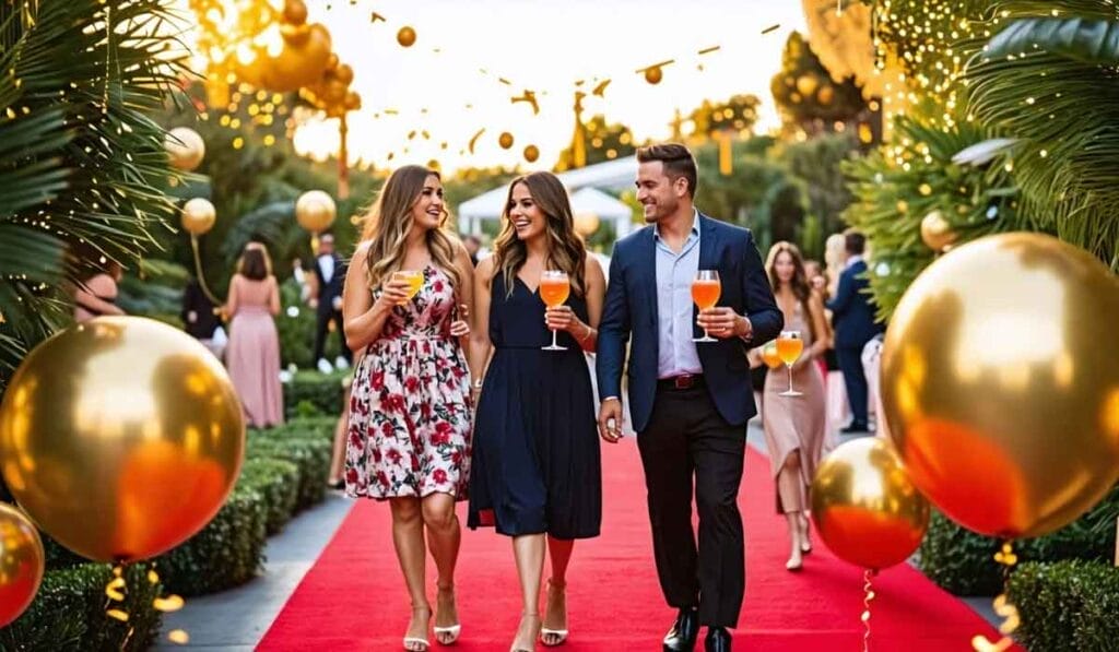 Three people walking down a red carpet holding drinks, surrounded by gold balloons and festive lights, with other people in the background.