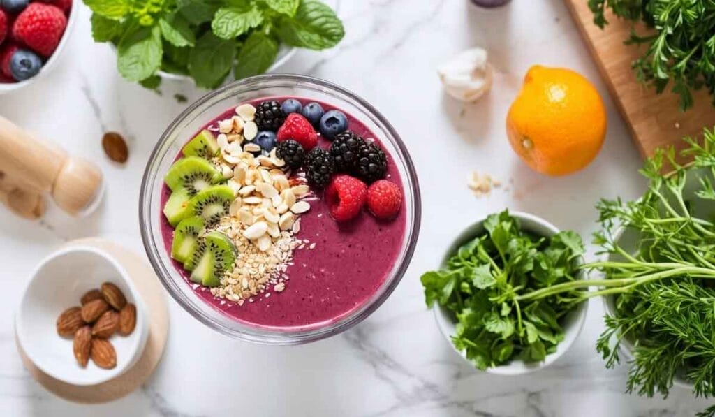 A smoothie bowl topped with kiwi slices, berries, nuts, and seeds on a marble surface surrounded by fresh ingredients like herbs, almonds, and an orange.