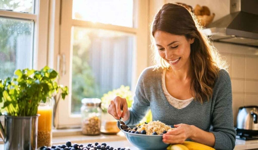 A woman in a kitchen smiles while mixing a bowl of food. Nearby, there are blueberries, a banana, and a glass of orange juice. Sunlight streams through the window.