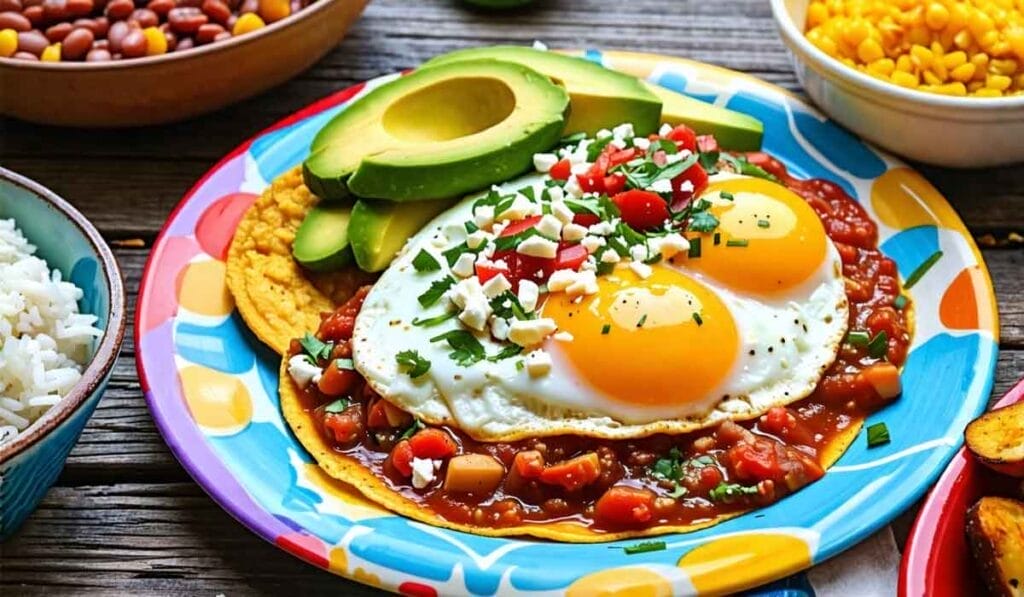 A colorful plate featuring two sunny-side-up eggs on top of a tortilla, garnished with avocado slices, salsa, cheese, and herbs. Surrounding dishes include rice, beans, and corn.