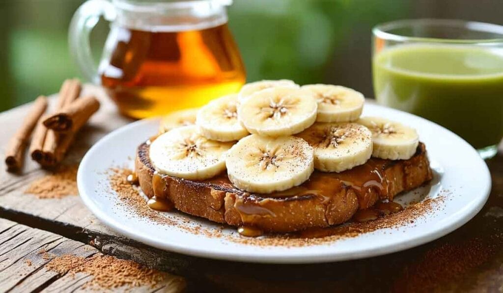 A piece of toast topped with peanut butter and banana slices, sprinkled with cinnamon, on a white plate. Accompanied by a glass of green juice and a small jar of honey.