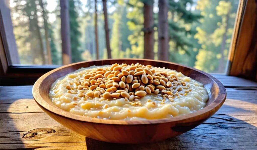 A wooden bowl filled with a creamy dish topped with pine nuts sits on a wooden surface near a window with a forest view.