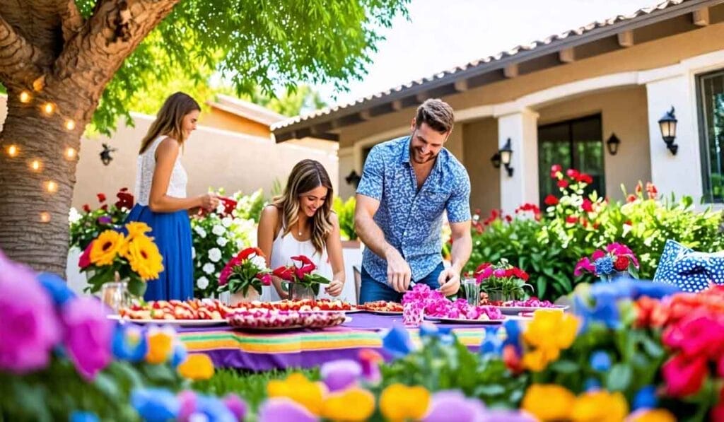 A group of people enjoy an outdoor gathering in a garden with colorful flowers and a variety of food on the table. A man is preparing food while two women stand nearby.