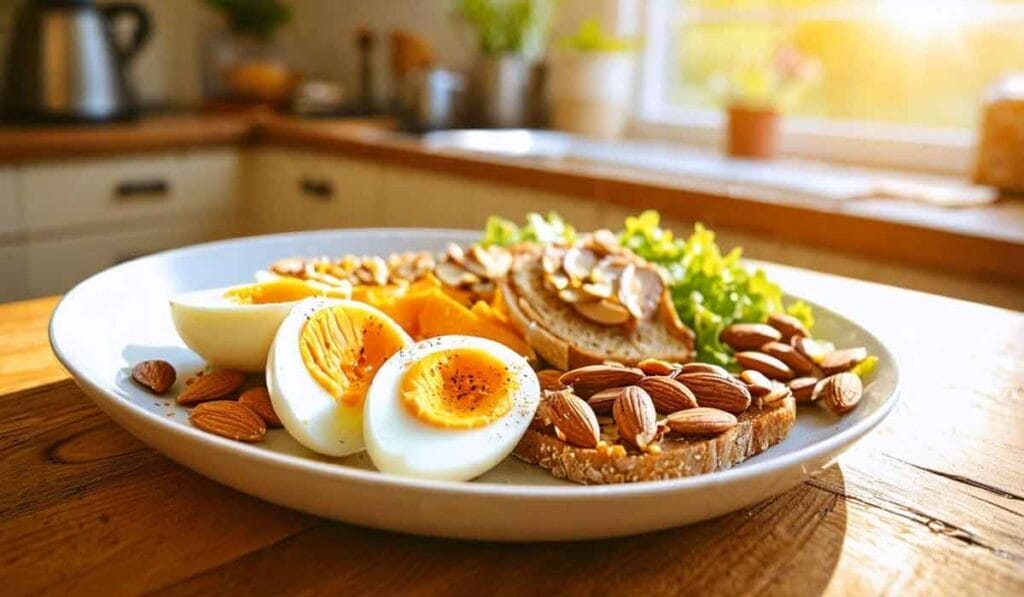 A plate of food includes halved hard-boiled eggs, almonds, avocado slices, leafy greens, and toast with almond slices, on a wooden table in a sunlit kitchen.