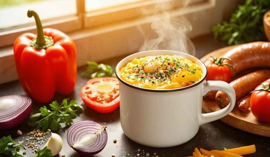 A steaming mug of scrambled eggs garnished with chives sits on a countertop surrounded by fresh vegetables and sausages, with sunlight streaming through a nearby window.