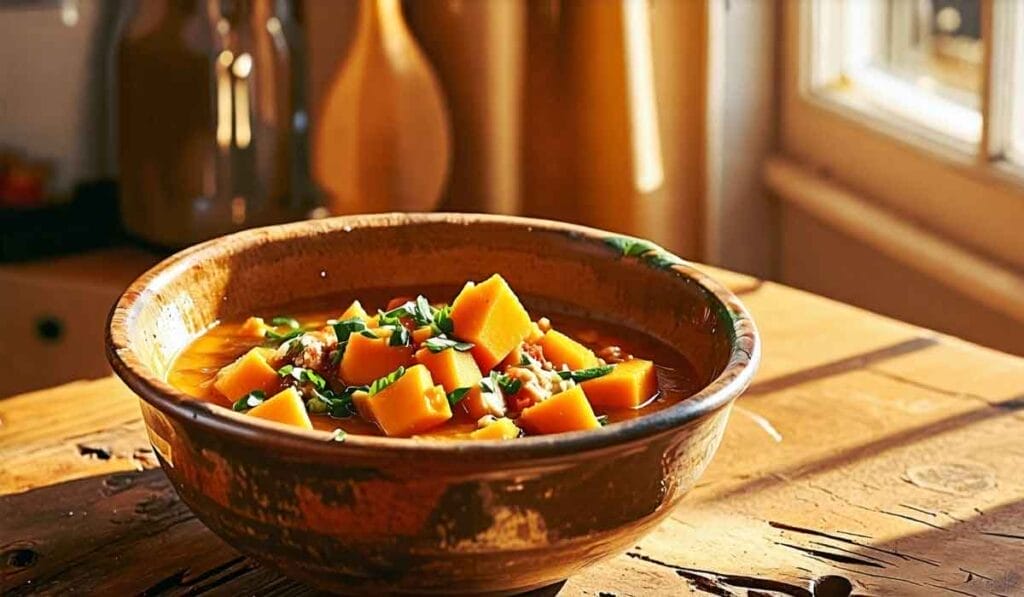 A ceramic bowl filled with a vegetable stew containing pieces of squash and garnished with herbs, placed on a sunlit wooden table.