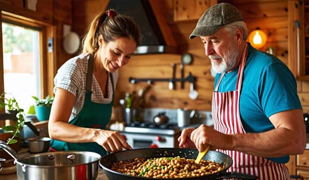 Two people stand in a wooden kitchen together cooking a meal in a large pan. They are both wearing aprons and appear to be enjoying the cooking process.