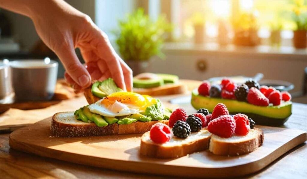 A person's hand placing a fried egg on avocado toast; nearby, there is another piece of toast topped with berries on a wooden board in a sunlit kitchen.