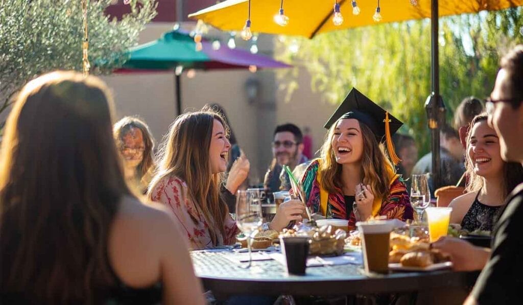 A group of people sit around a table outdoors enjoying food and drinks, with one person wearing a graduation cap and gown, laughing and celebrating.