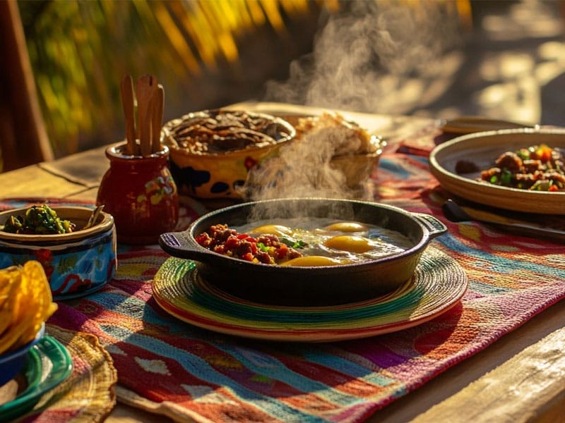 A table with a colorful cloth has dishes of food, including a steaming skillet with eggs and vegetables, another plate of food, and some tortilla chips. Sunlight illuminates the setting.