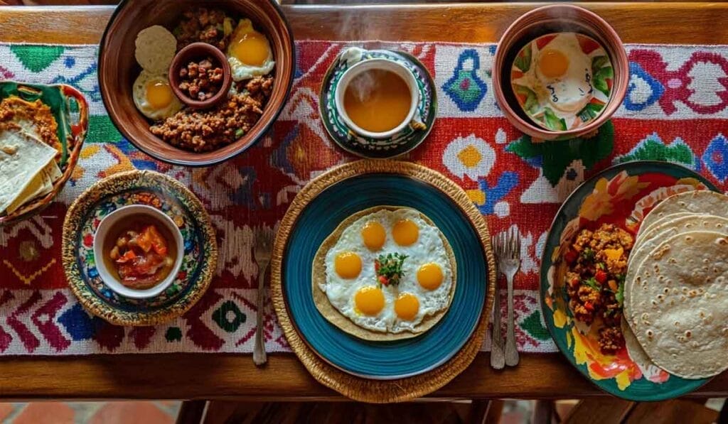 A table with vibrant tableware features various cowboy breakfasts including tortillas with fried eggs, chorizo, salsa, and a bowl of orange juice, laid out on a colorful patterned tablecloth.