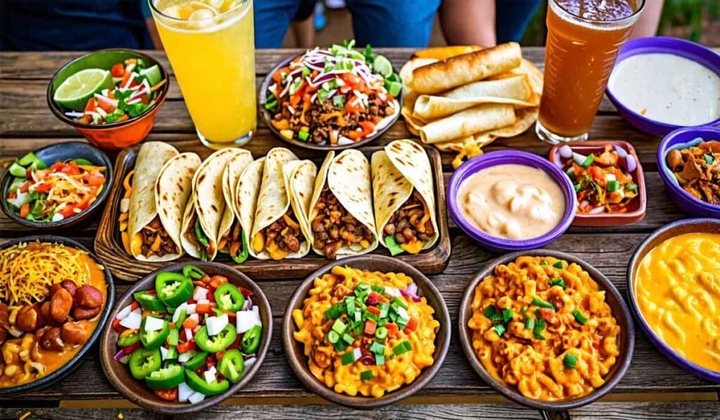 An assortment of Mexican dishes includes tacos, taquitos, nachos, and macaroni, served with various sauces, and accompanied by glasses of juice and beer on a wooden table.