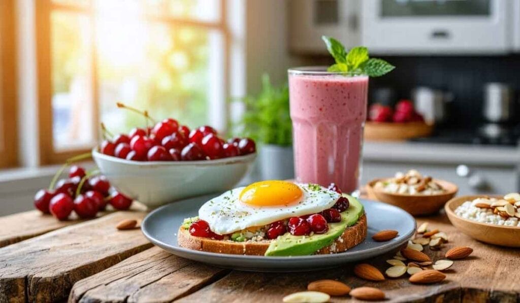 A breakfast spread with toast topped with avocado, cherry tomatoes, and a fried egg, a bowl of cherries, a pink smoothie with mint, almonds, and a mixed nut bowl on a wooden table in a kitchen.