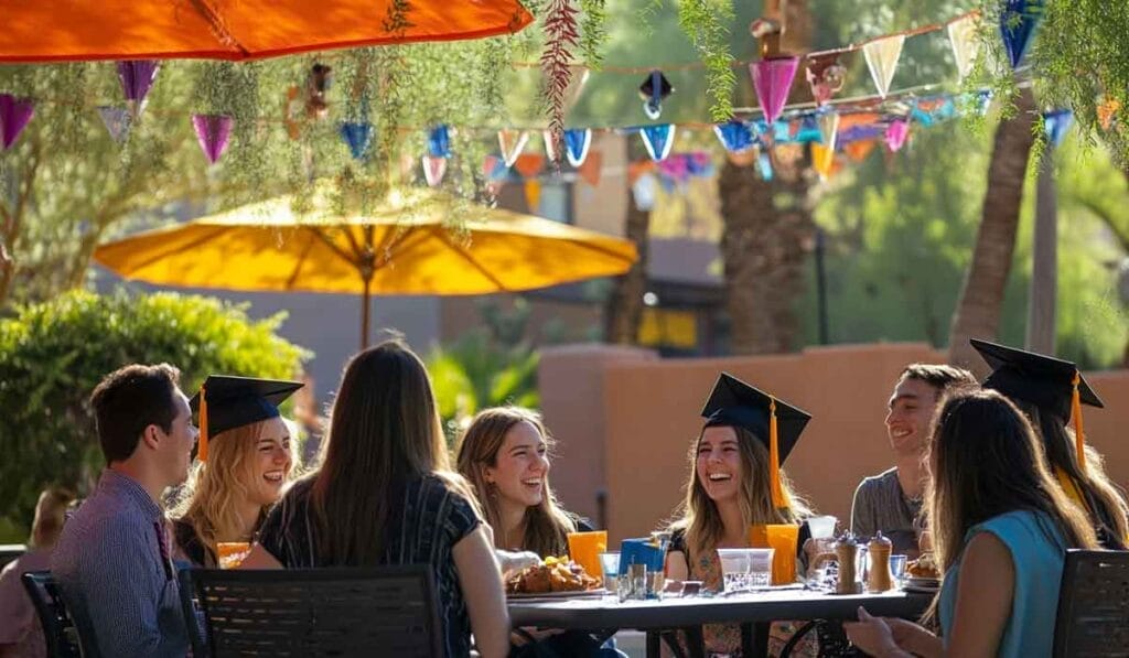 A group of young adults wearing graduation caps sit around an outdoor table in Tempe, AZ decorated with colorful bunting, enjoying food and drinks in a sunny setting.