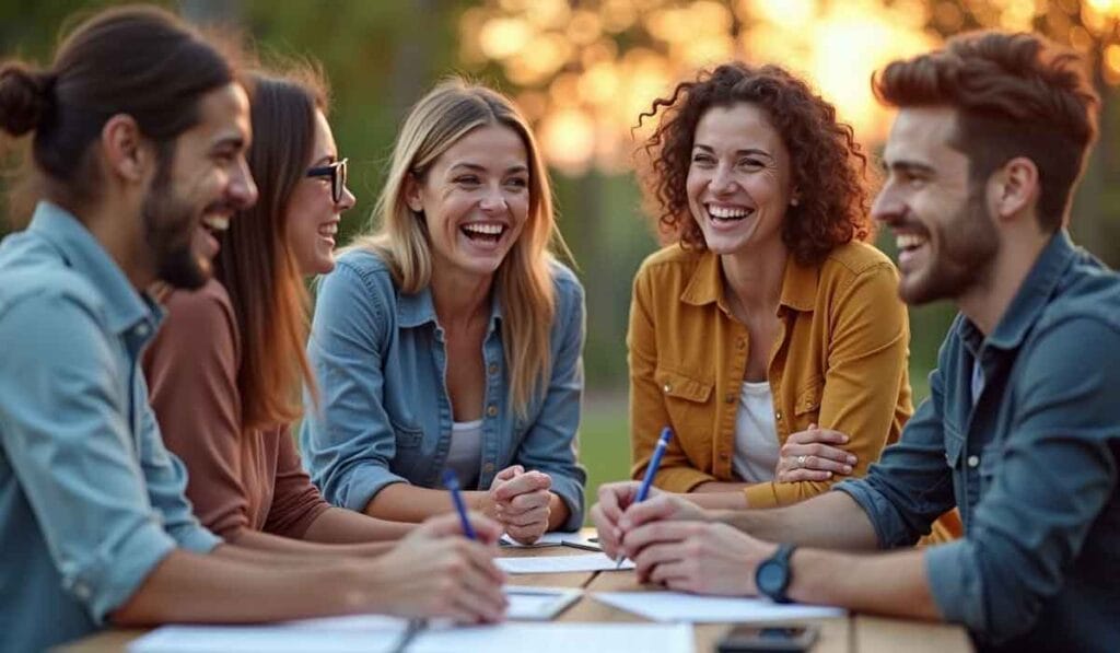 A group of five people sitting at a table outside, smiling and laughing while holding pens and papers. Trees and sunset can be seen in the background.